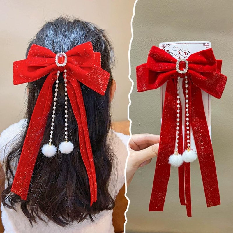 Christmas Hair Bow Clip Red Velvet Bowknot, Red Glitter Hair Bows with Plush Ball, Design Stylish Hairs Bows Girls Women, For Christmas,Valentine's Day New Year Hairs Decorations - Image 1